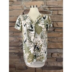 Hilary Radley Women Sage Green Tropical Floral V-Neck Blouse NWT Large 1503634
